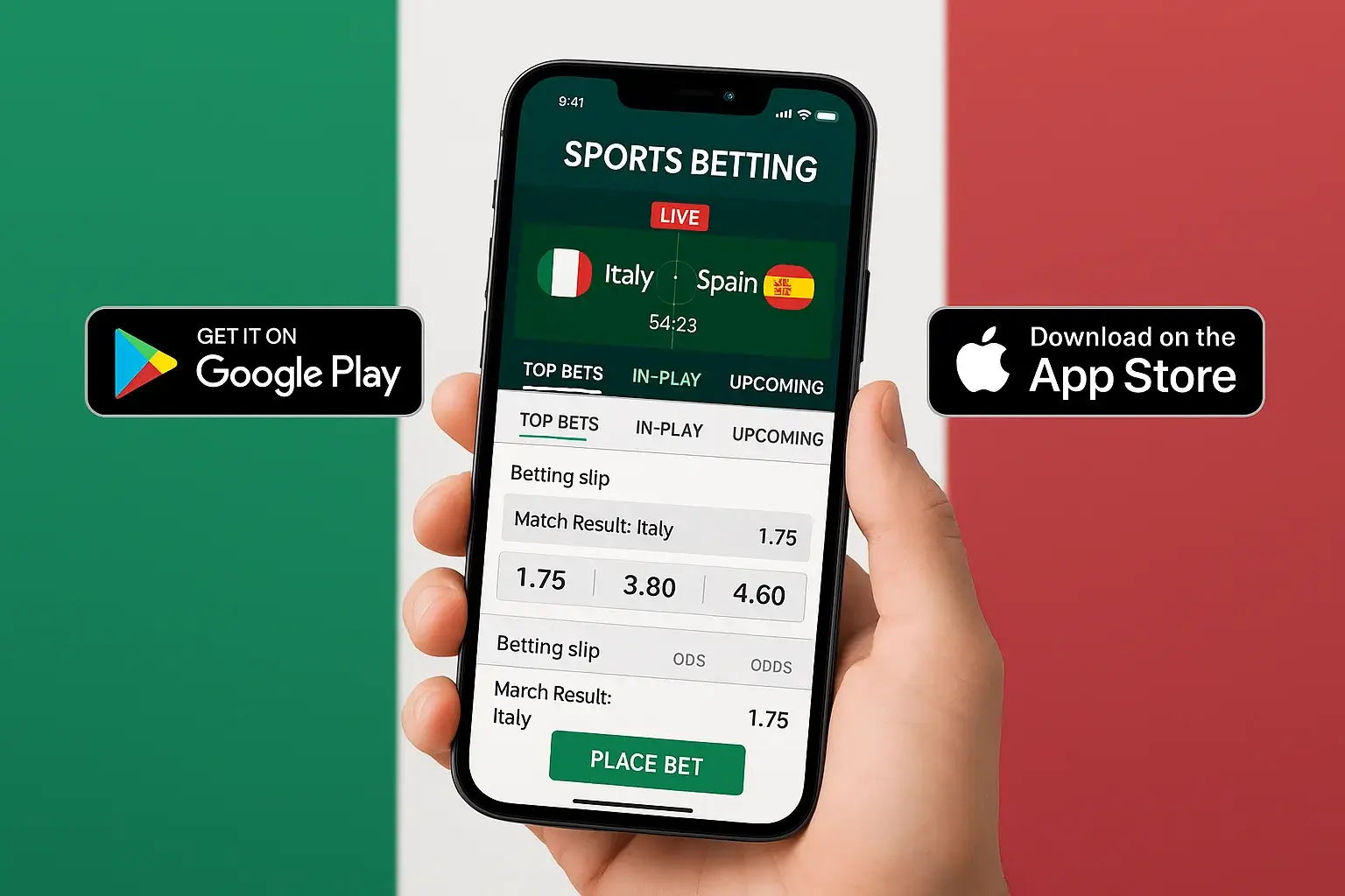Smartphone moderno con app di scommesse sportive mostrando interfaccia live match e betting slip