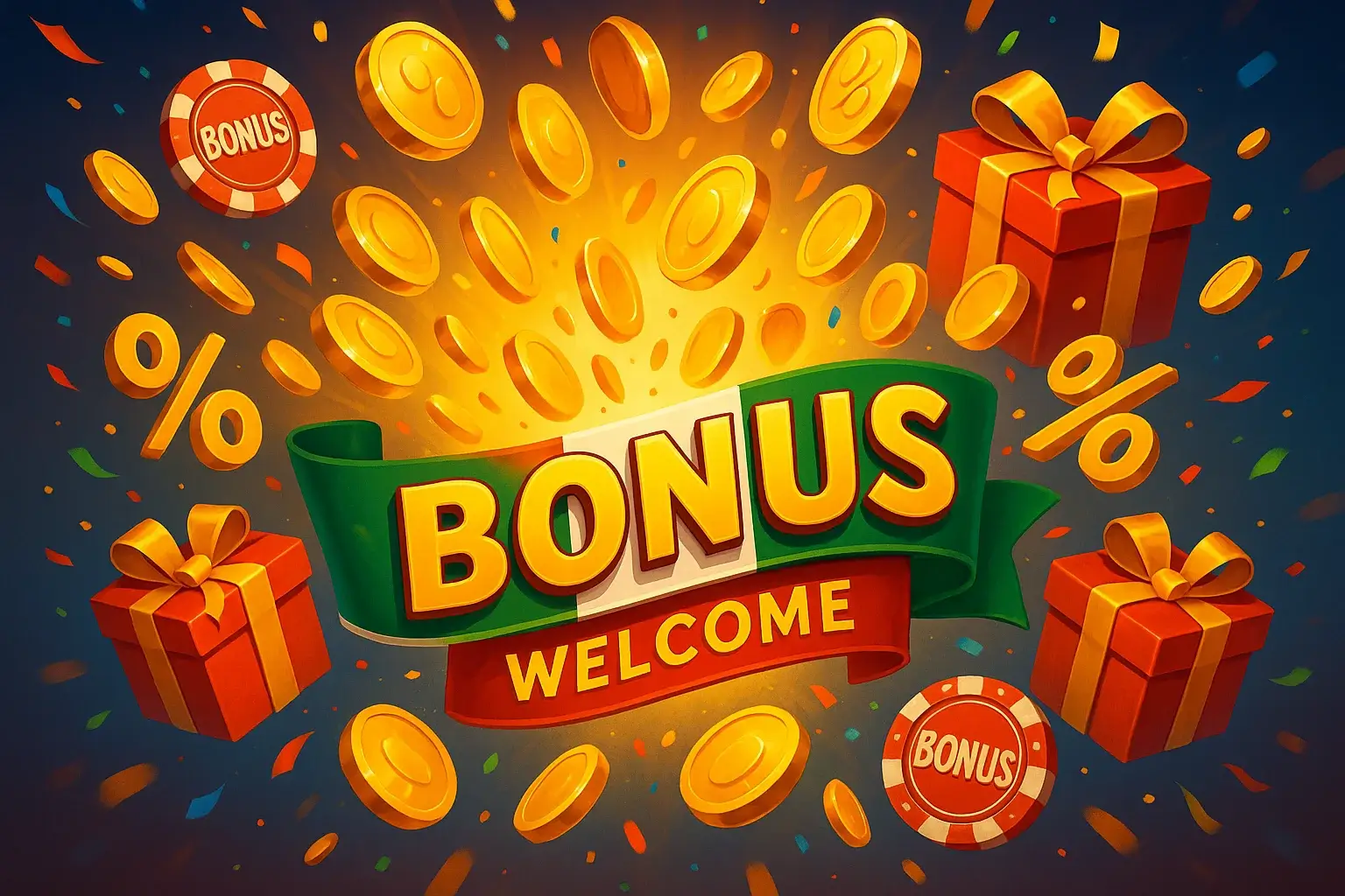 Illustrazione vibrante di bonus casino con monete d'oro, gift box e simboli percentuale