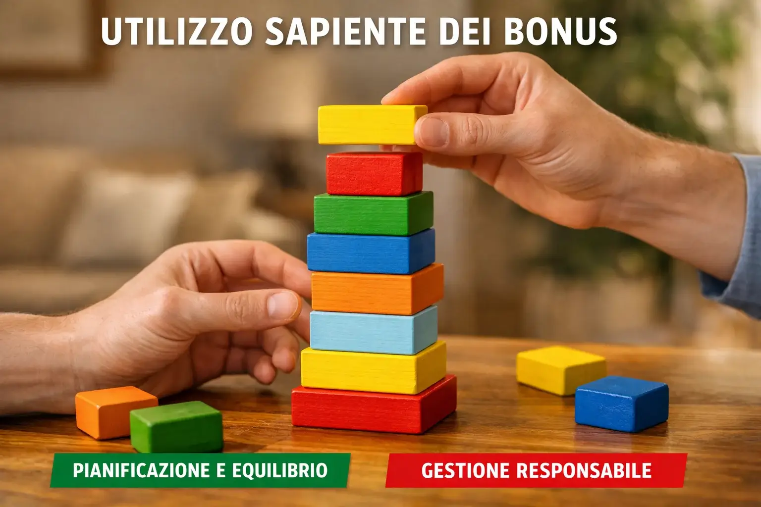Mano che costruisce torre di blocchi con precisione
