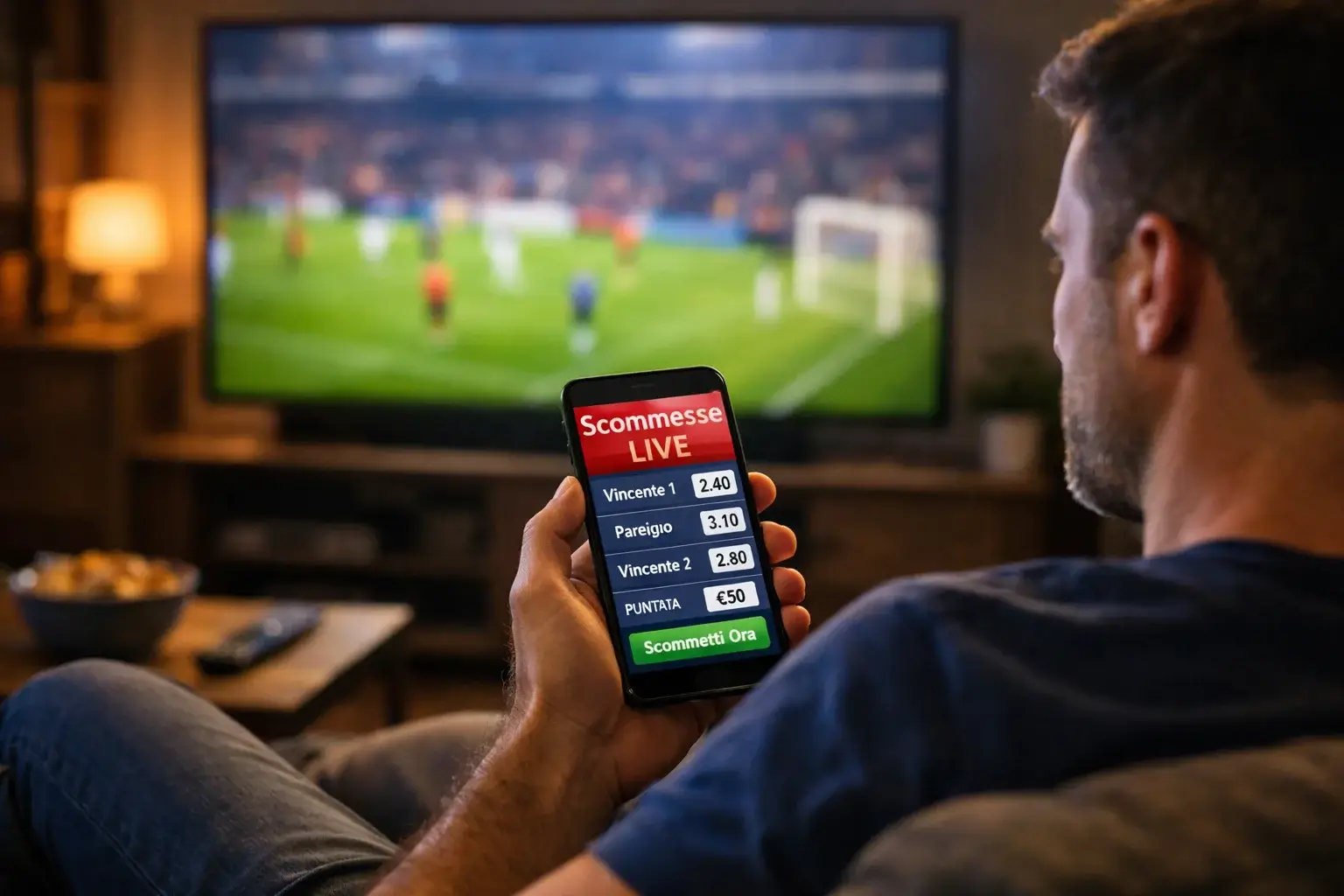 Persona che guarda partita su TV mentre tiene smartphone