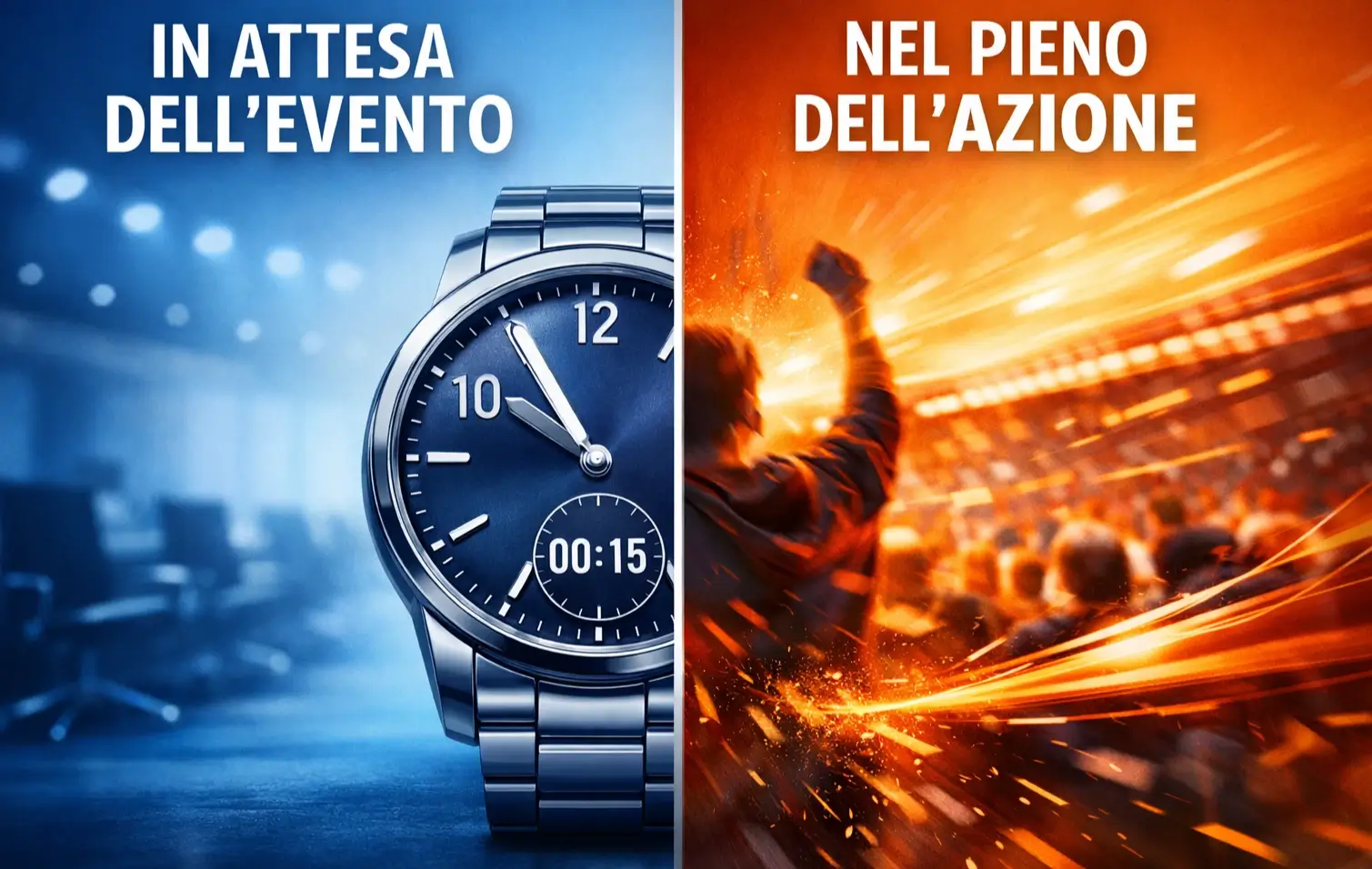 Schermo diviso con orologio prima della partita e partita in corso