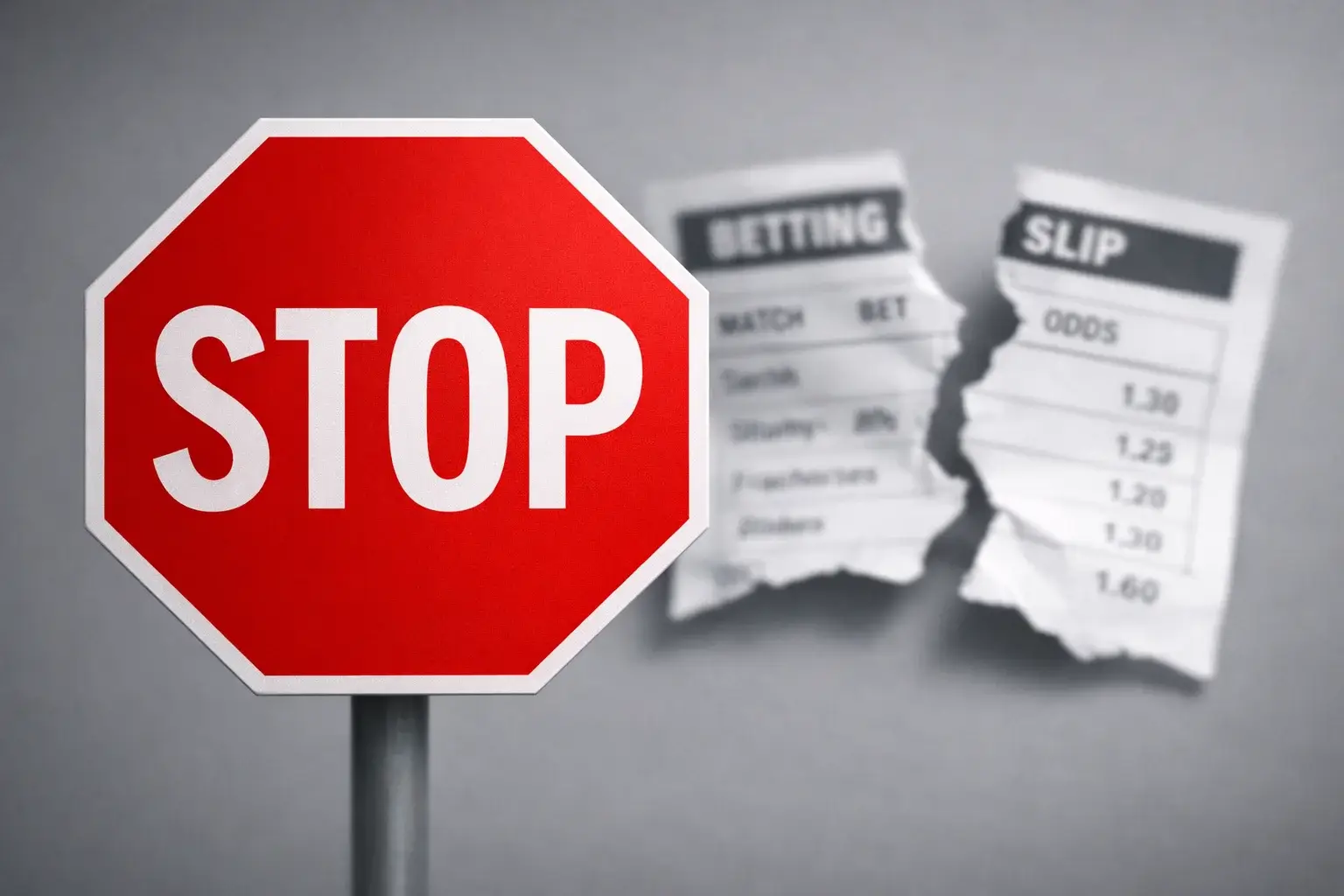 Segnale di stop con schedina strappata sullo sfondo