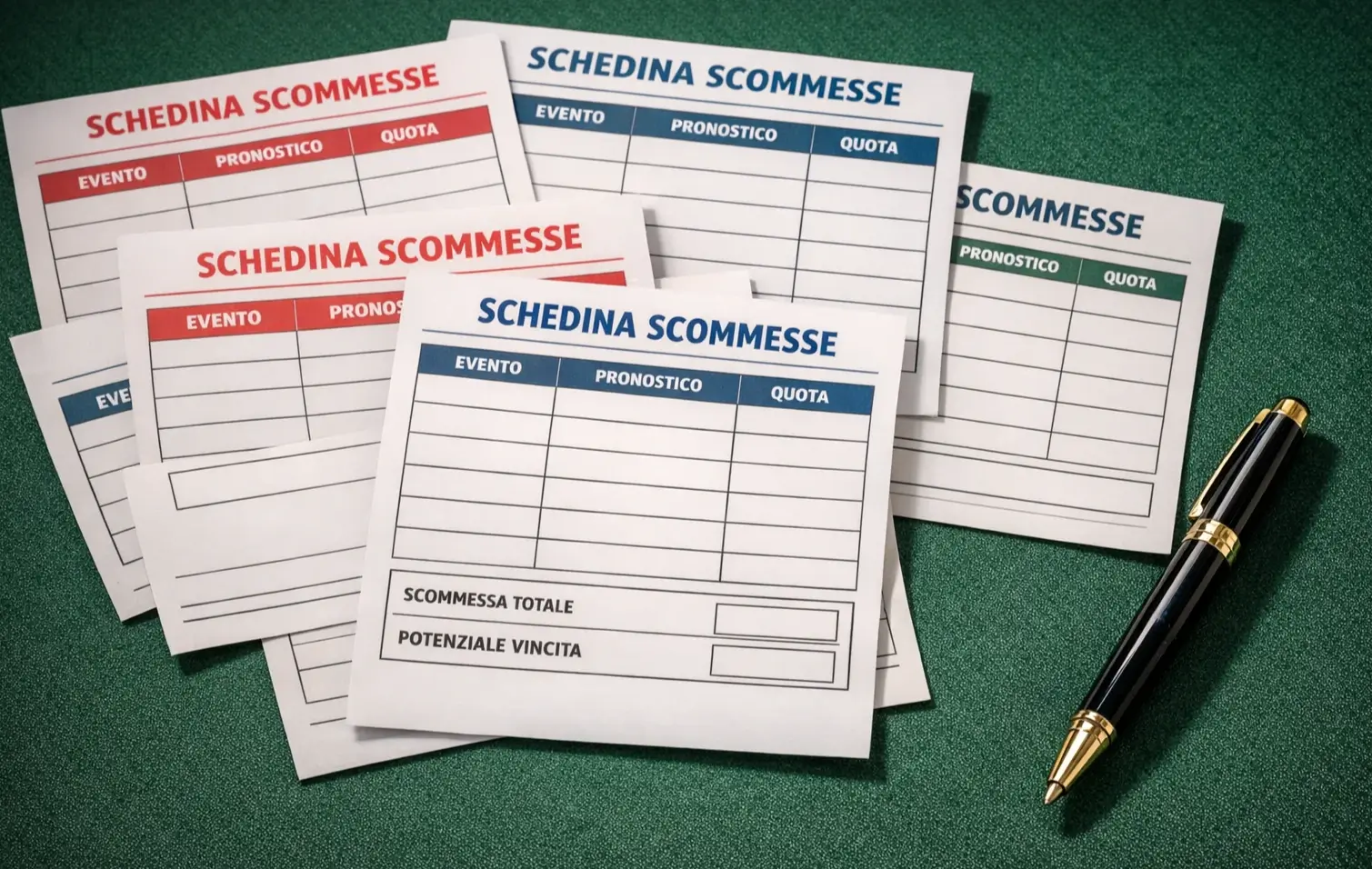 Diverse schedine cartacee sovrapposte su tavolo verde