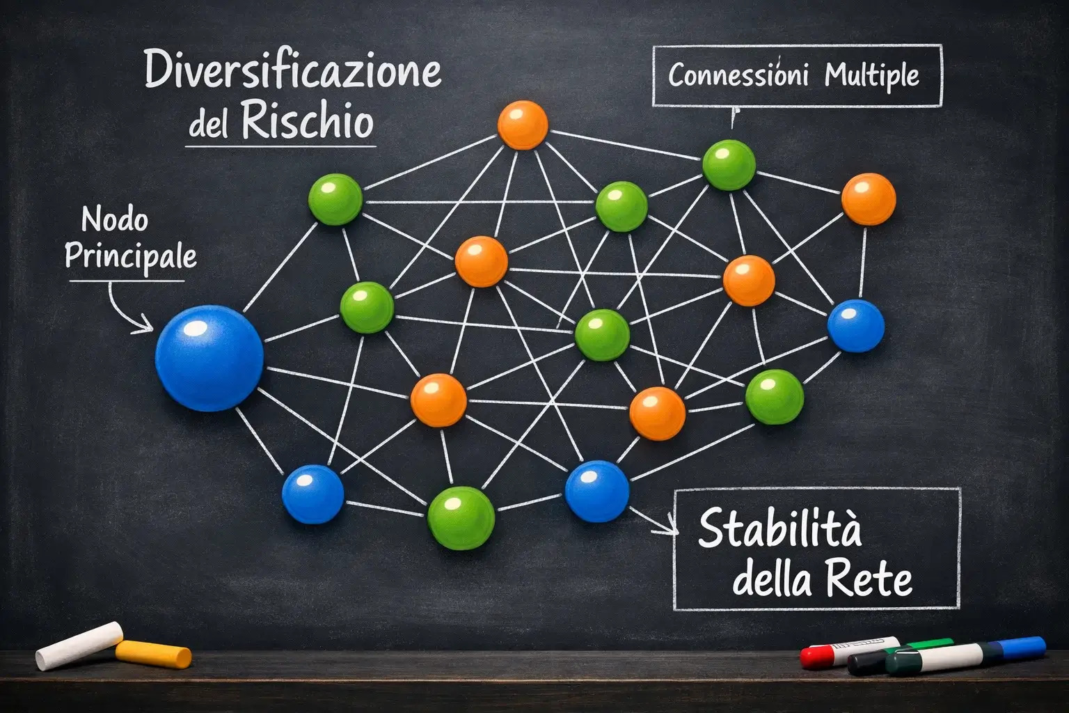 Diagramma a rete con nodi interconnessi su lavagna