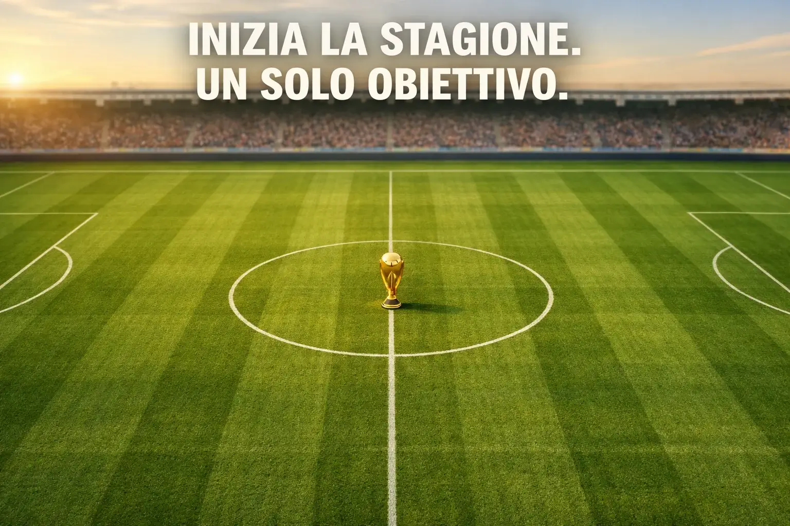 Campo da calcio vuoto con coppa sullo sfondo