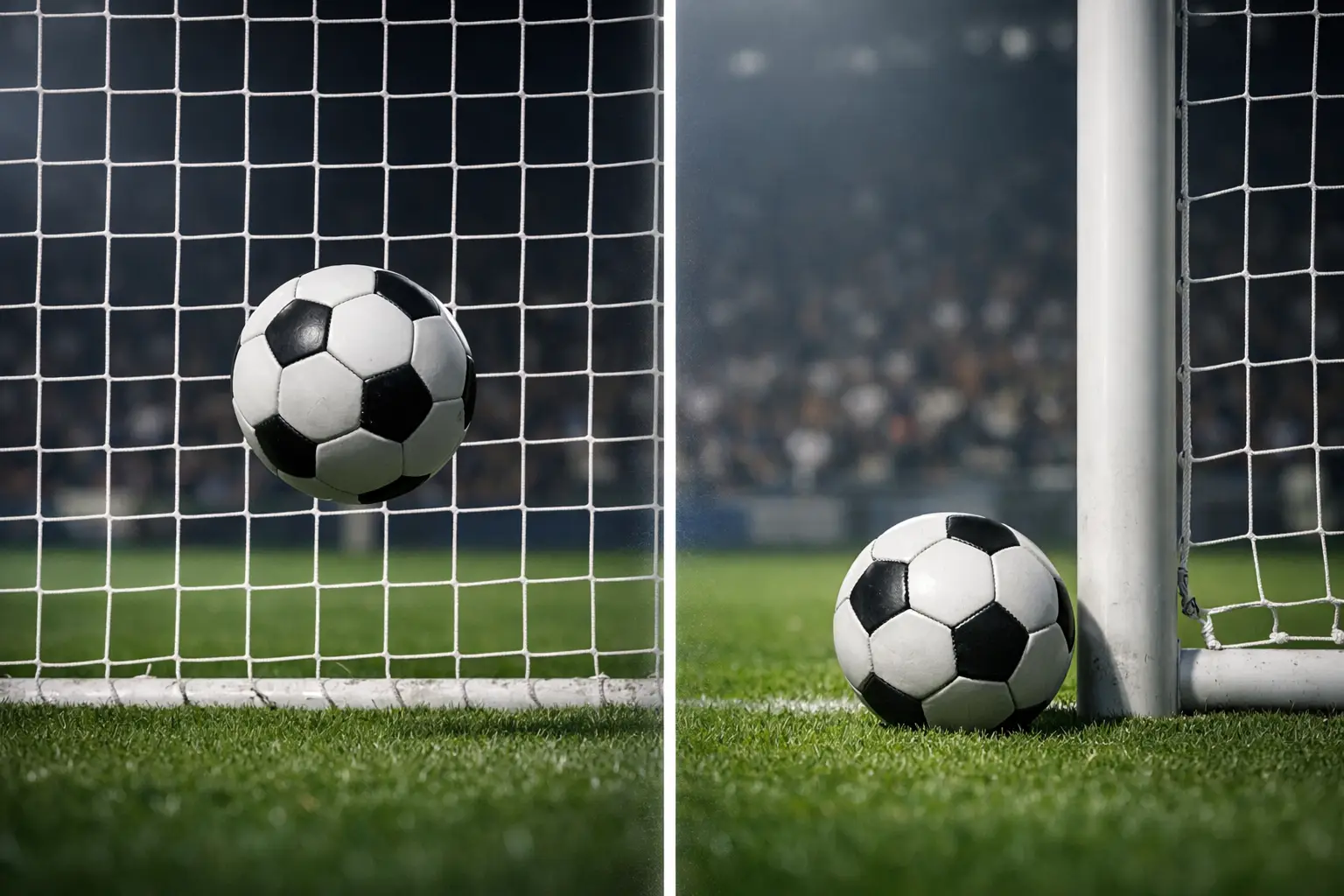 Porta da calcio con pallone in rete e pallone fermato