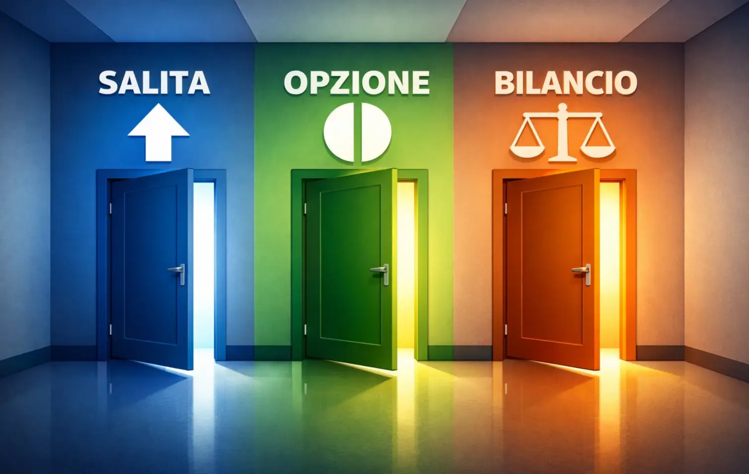 Tre porte con etichette diverse che rappresentano scelte multiple