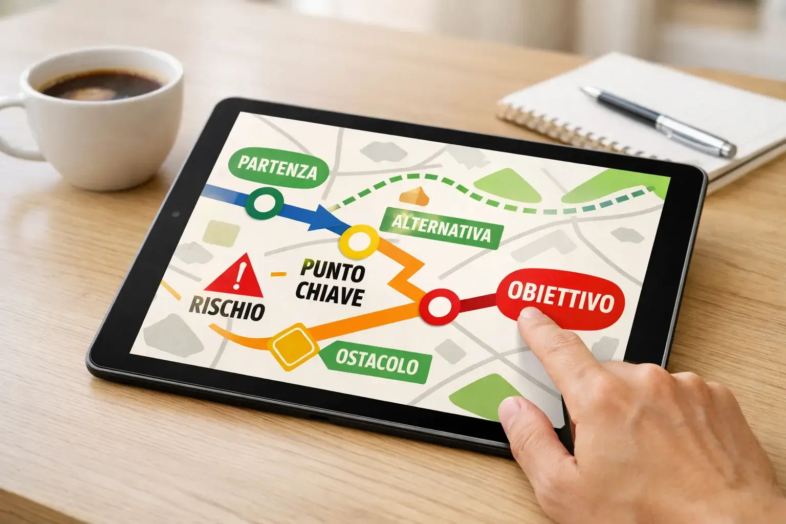 Mappa strategica con percorsi evidenziati su tablet