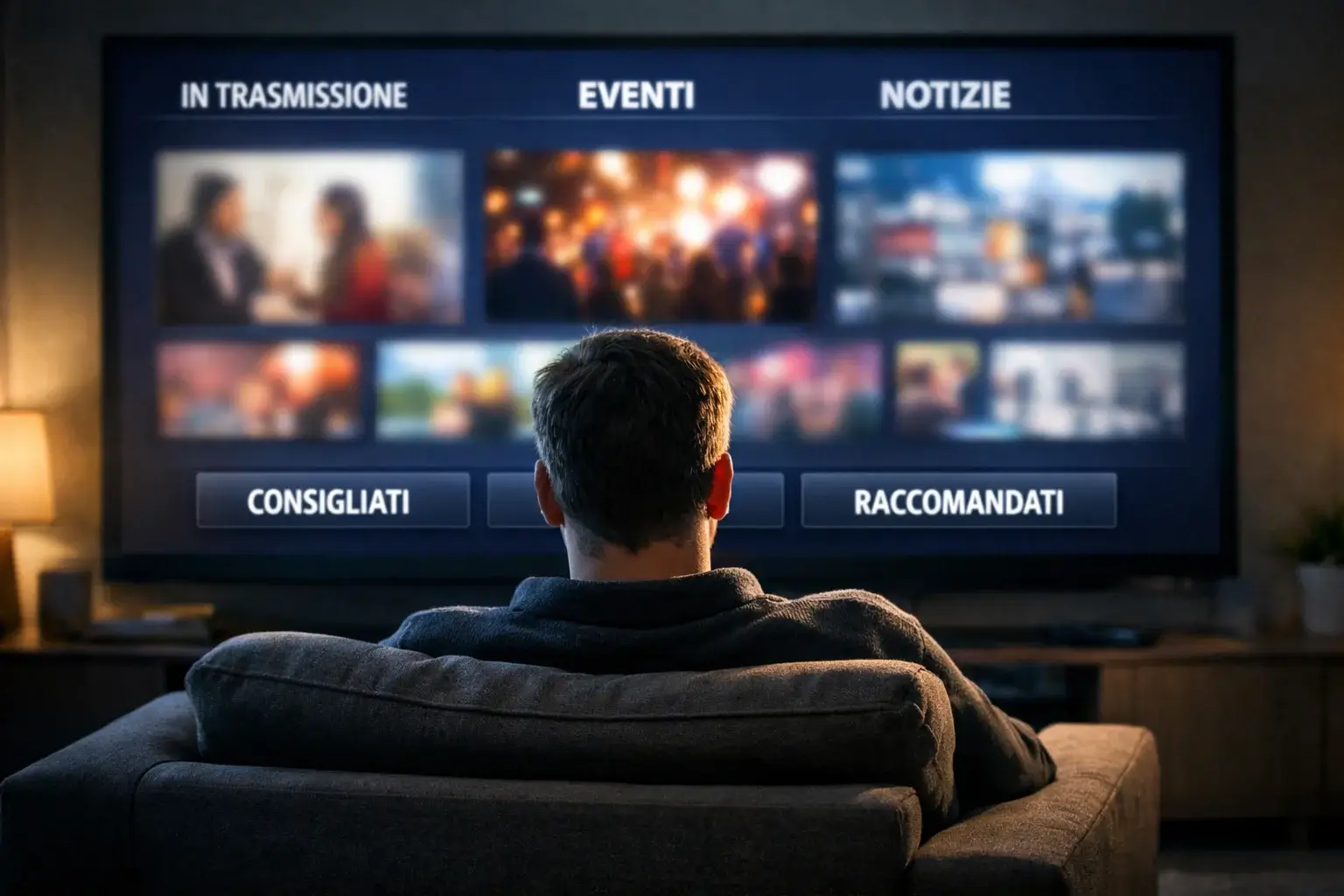 Persona che riflette davanti a schermo con contenuti diversificati