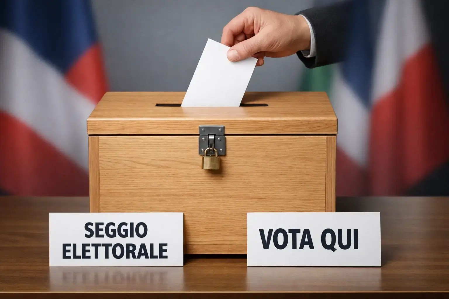 Urna elettorale con bandiere internazionali sfocate