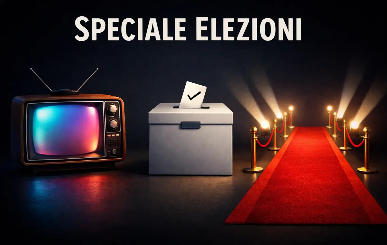 Collage con TV, urna elettorale e red carpet cinematografico