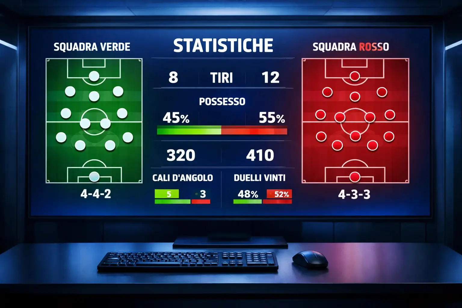 Tabellone con statistiche di calcio e formazioni su schermo