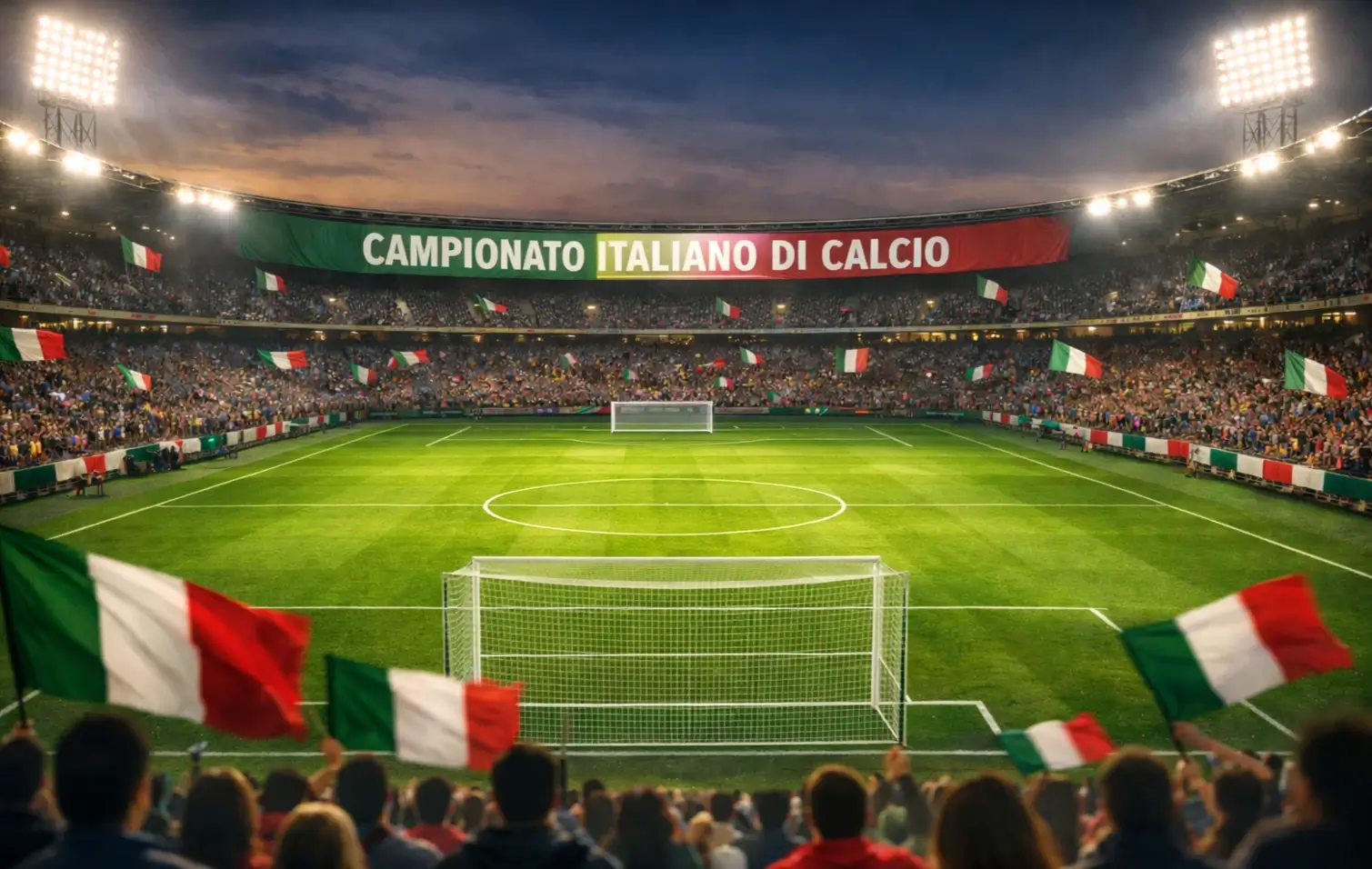Stadio di calcio italiano illuminato con bandiere tricolori