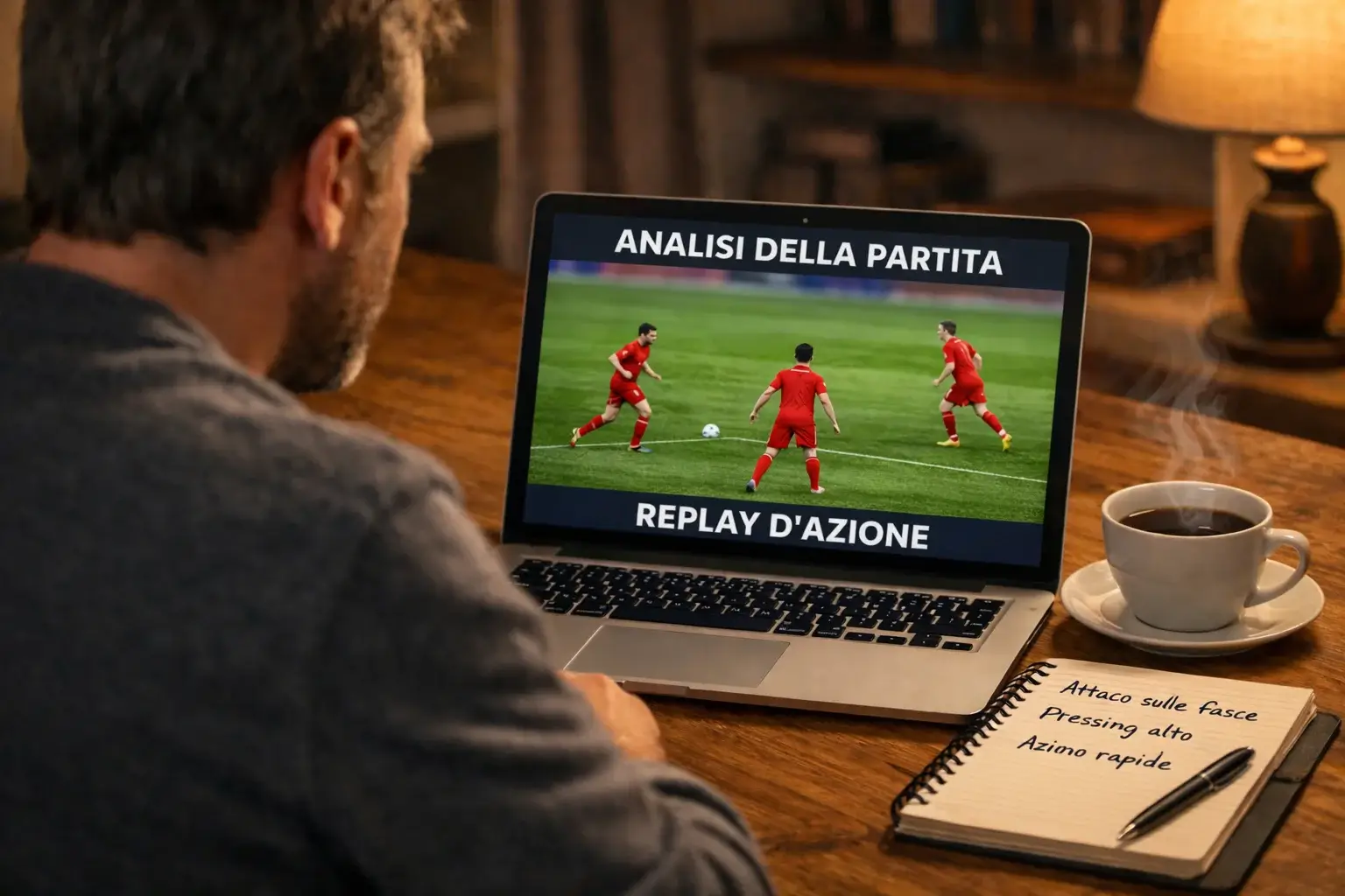 Persona che studia partita di calcio su laptop con appunti