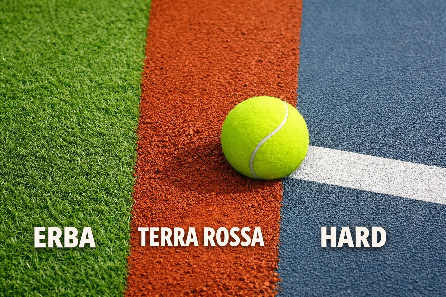 Tre tipi di superficie tennis: erba, terra, cemento affiancate