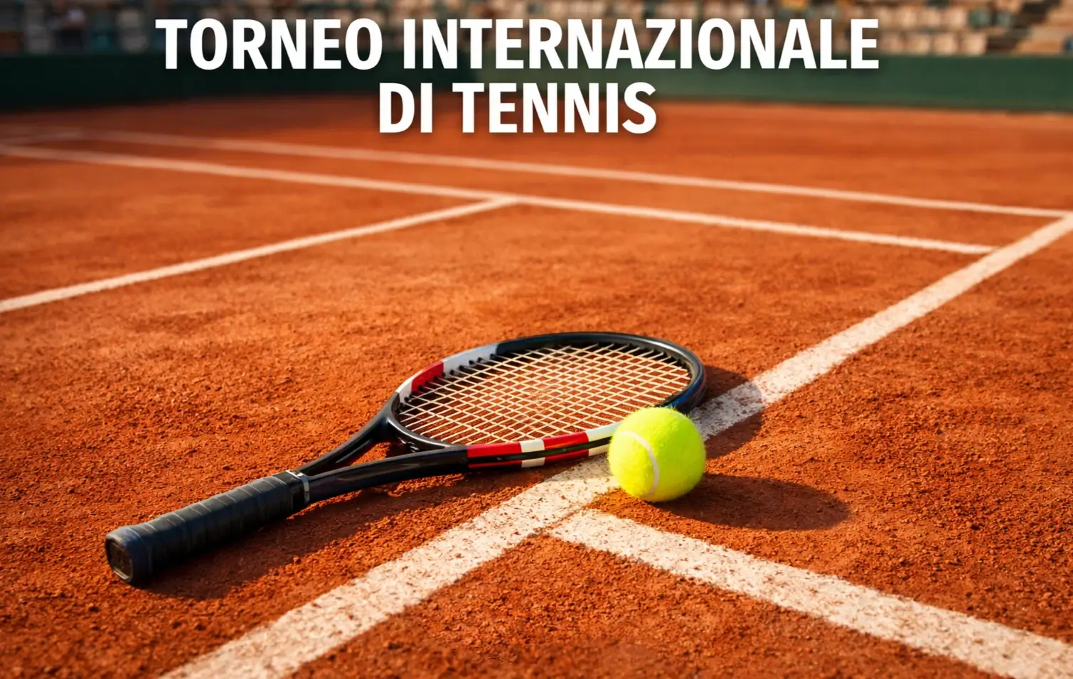 Campo da tennis con racchetta e pallina su terra battuta rossa