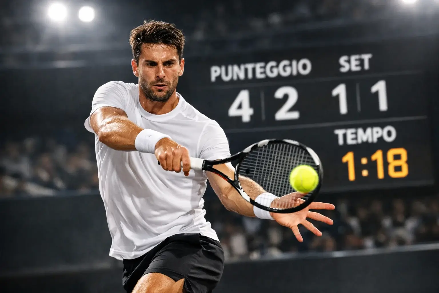 Tennista in azione durante partita con tabellone punteggio