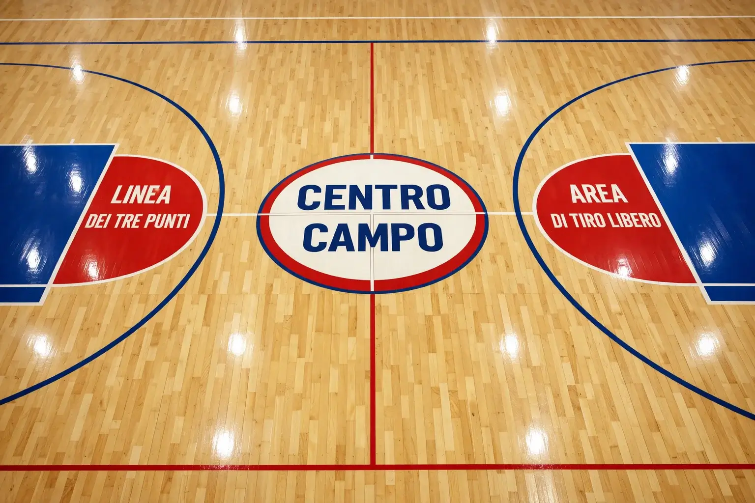 Parquet di pallacanestro con linee caratteristiche europee