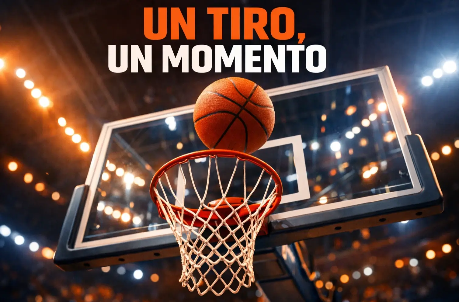 Canestro da basket illuminato in arena con pallone in volo