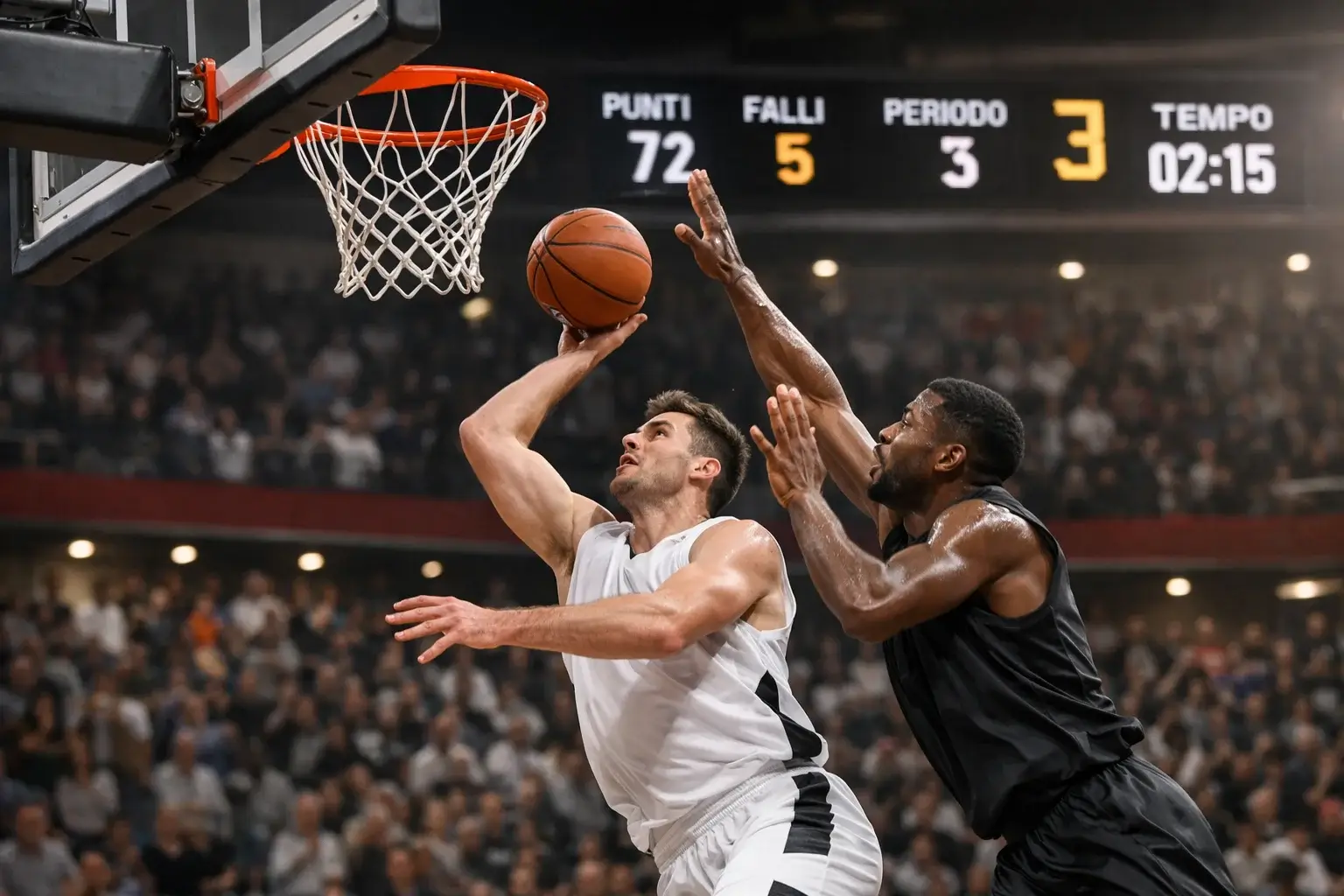 Azione di gioco sotto canestro con giocatori in movimento