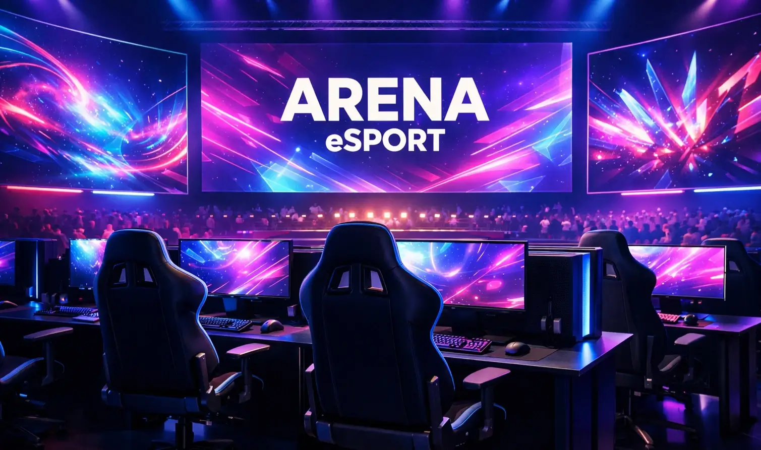 Arena eSports con schermi giganti e luci colorate