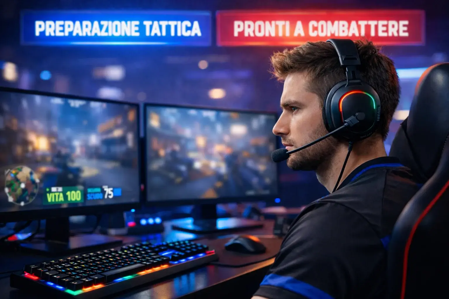 Giocatore professionista con cuffie davanti a setup gaming