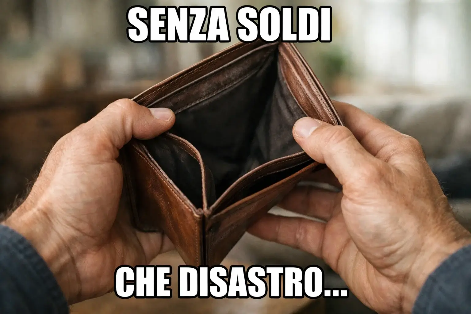 Portafoglio vuoto aperto su tavolo con espressione di preoccupazione