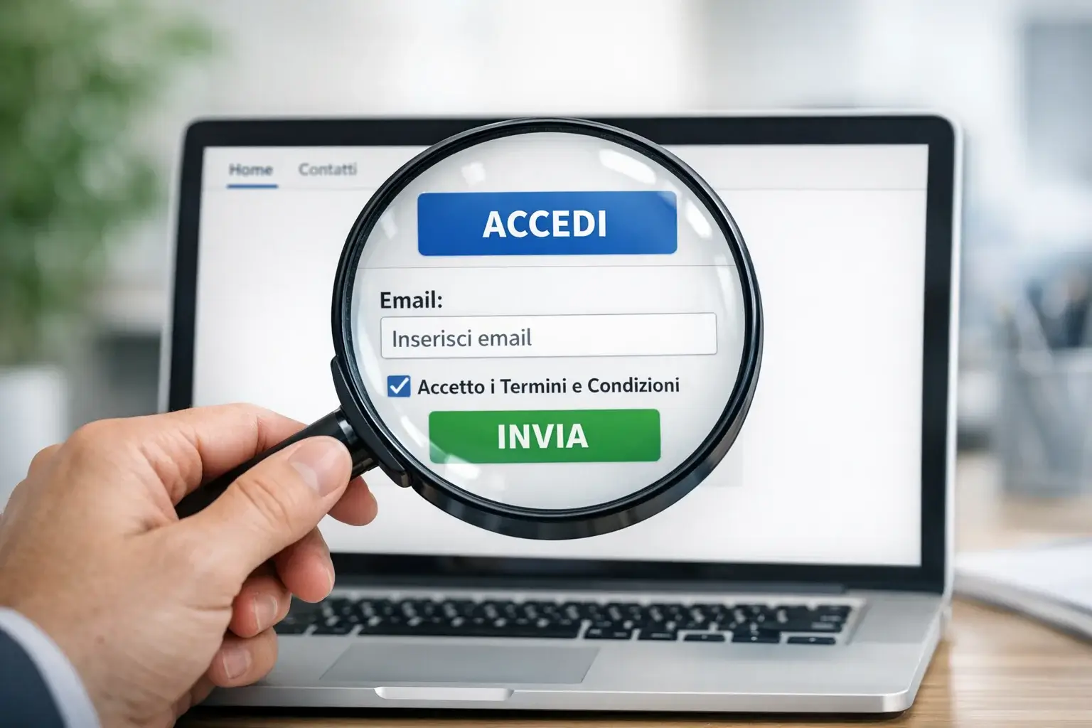 Lente di ingrandimento su schermo che mostra elementi sospetti di un sito web