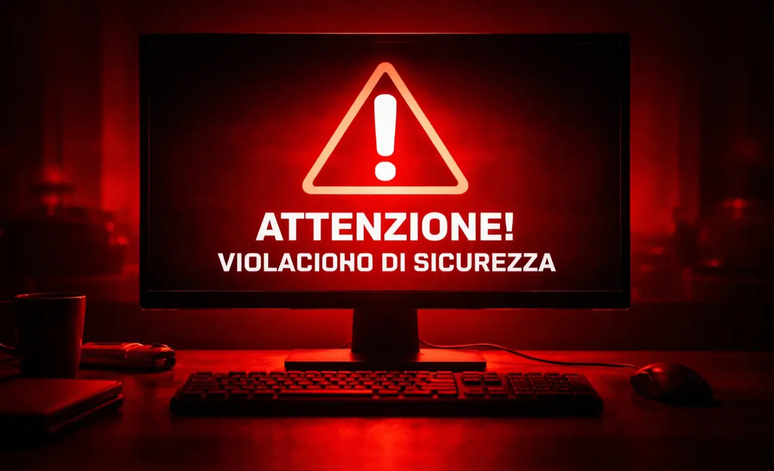 Schermo di computer con segnale di avvertimento rosso e simbolo di pericolo