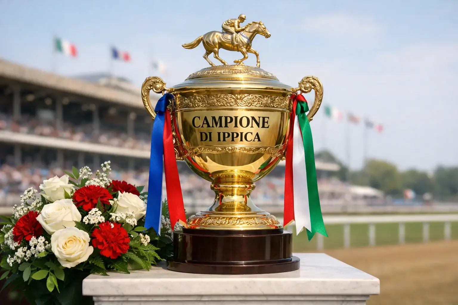 Trofeo ippico dorato con nastri colorati