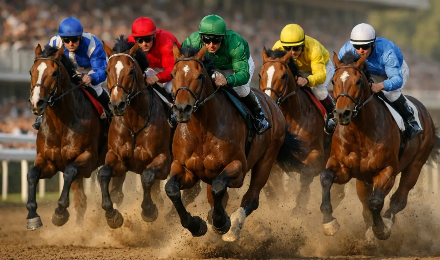 Cavalli da corsa al galoppo su pista con fantini in sella