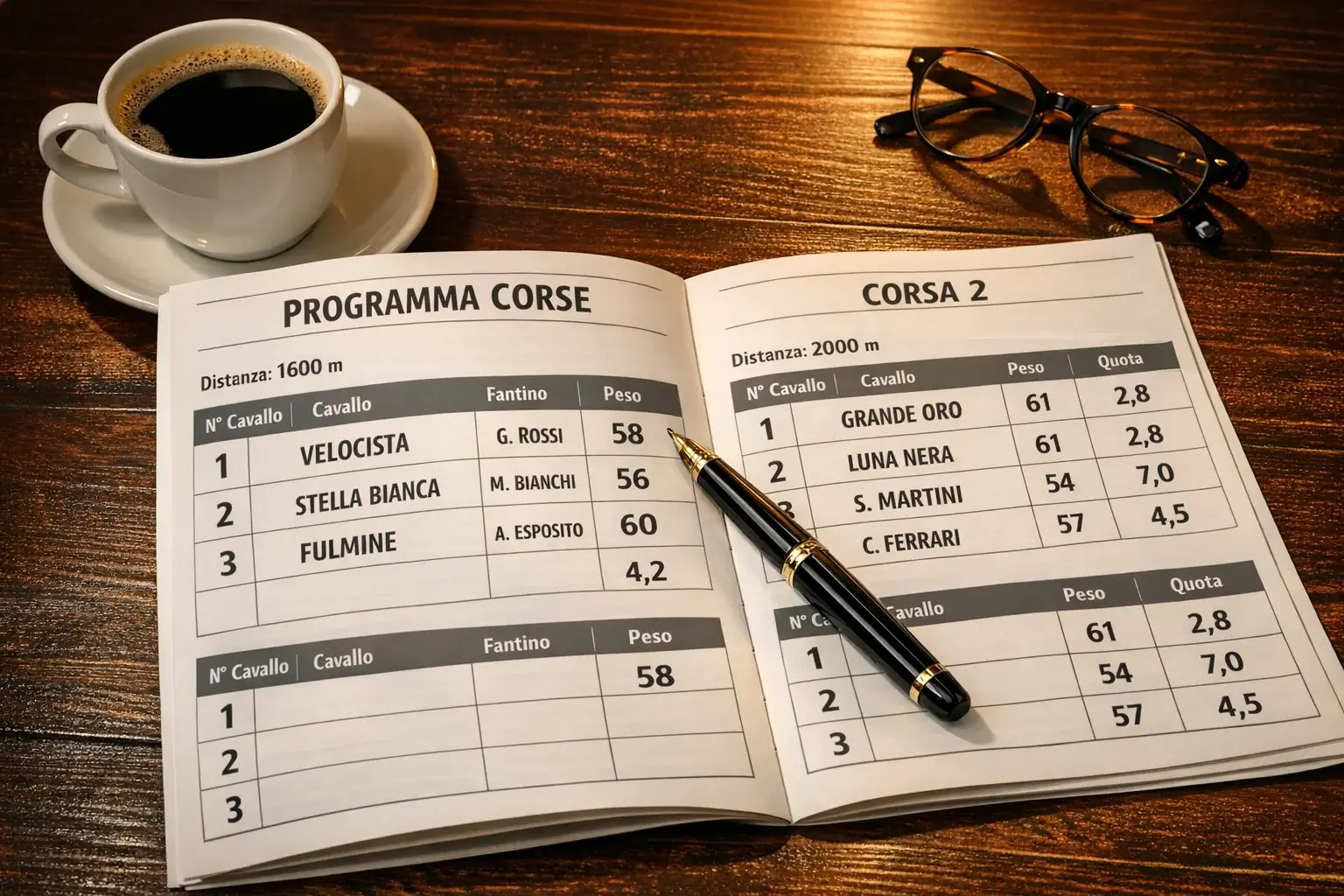 Programma delle corse con statistiche su tavolo