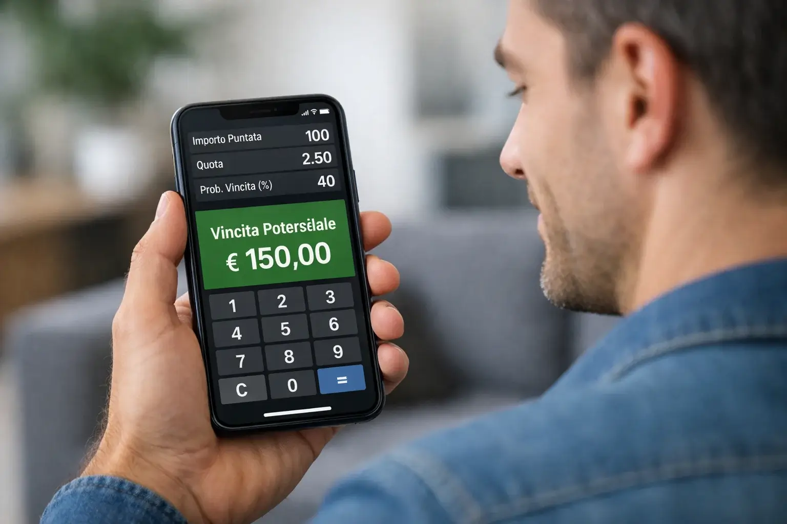 Persona che usa applicazione di calcolo su smartphone