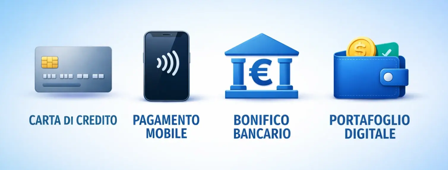 Diverse opzioni di pagamento stilizzate su sfondo moderno