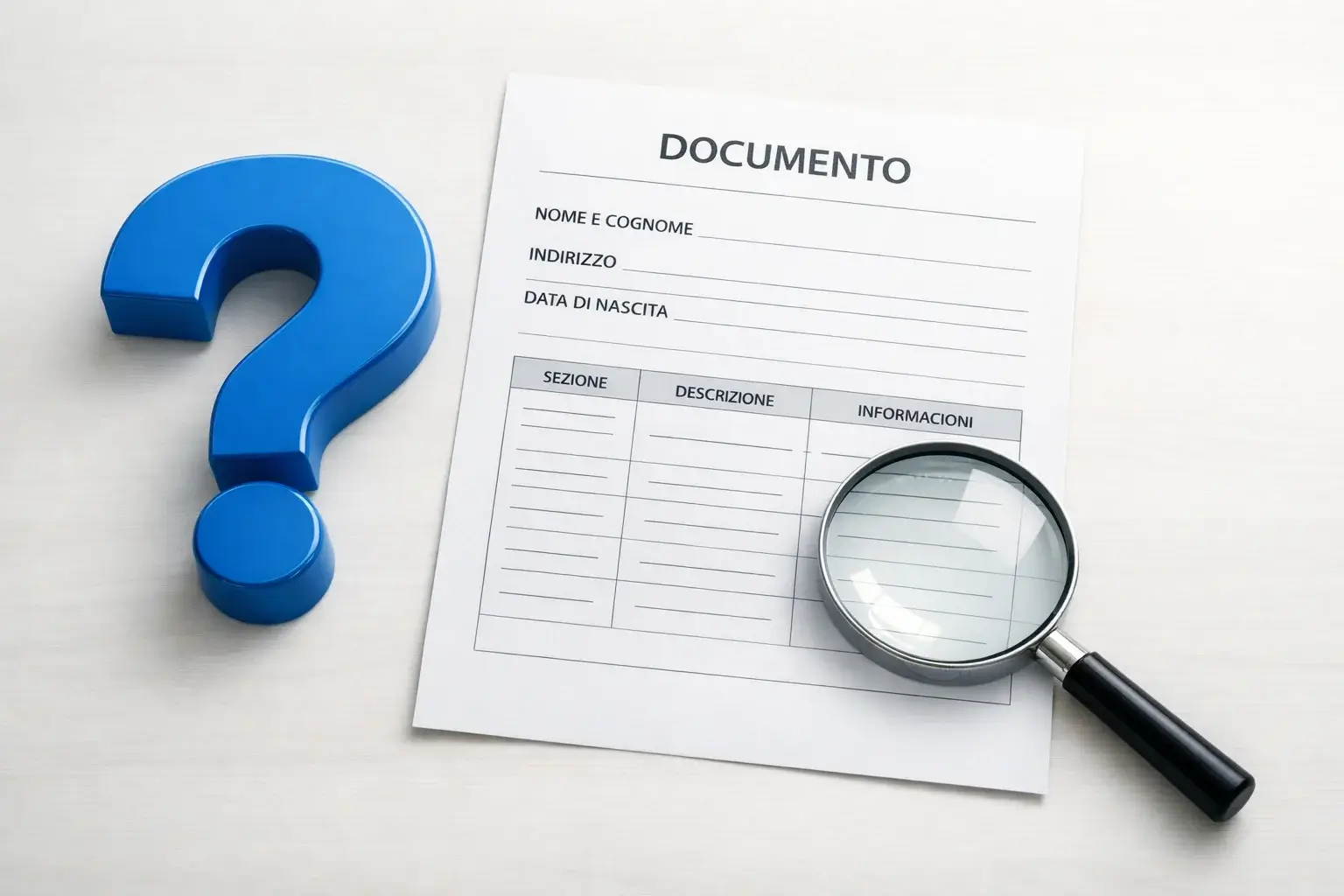 Punto interrogativo con documento e lente di ingrandimento