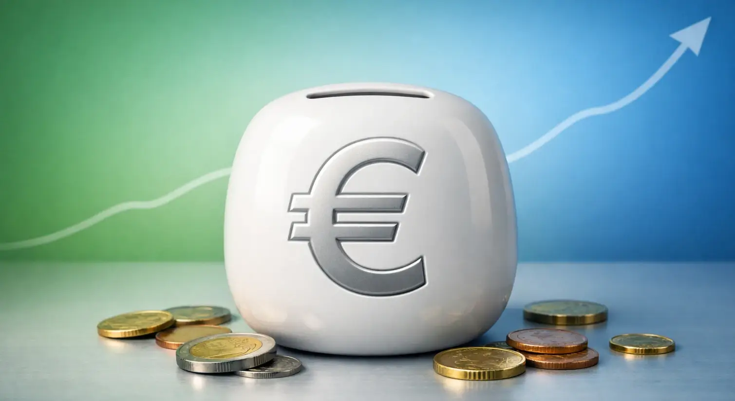 Salvadanaio con simbolo €/$ e grafico di crescita sullo sfondo
