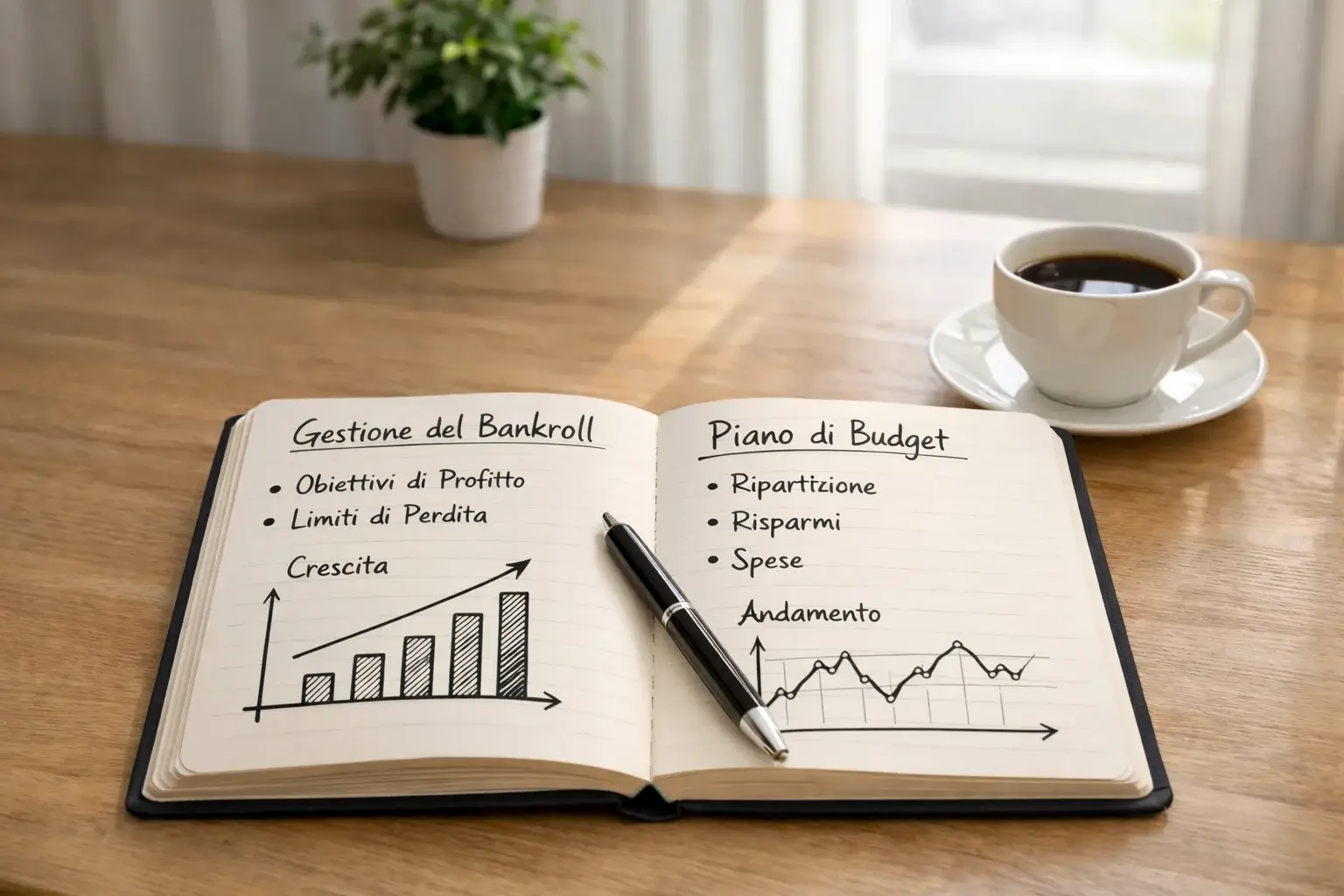 Quaderno con appunti e grafici accanto a laptop