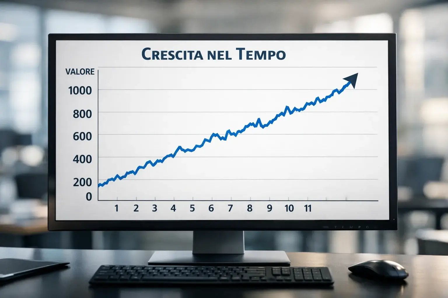 Grafico con linea che sale nel tempo su schermo