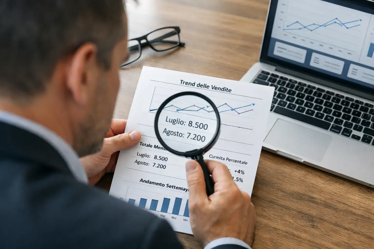 Persona che studia dati con lente di ingrandimento