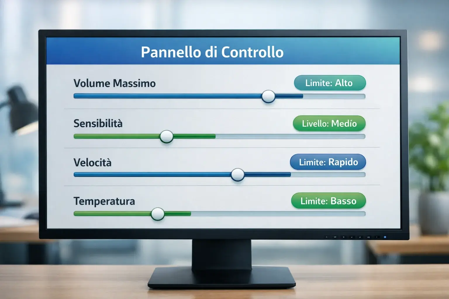 Pannello di controllo con cursori e limiti su schermo