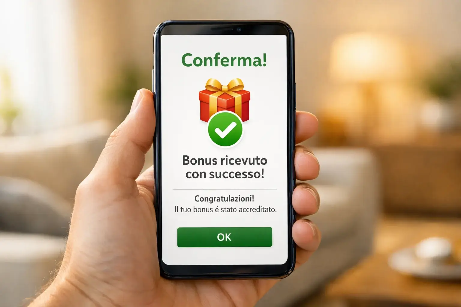 Notifica di bonus ricevuto su schermo smartphone con icona regalo
