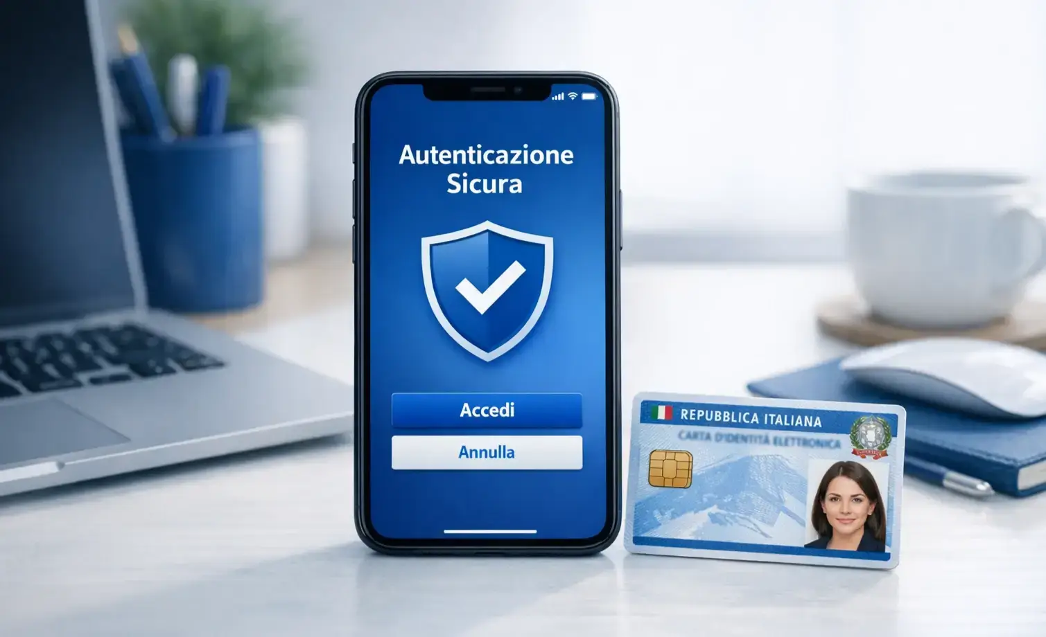 Smartphone con app SPID e Carta d'Identità Elettronica su scrivania moderna