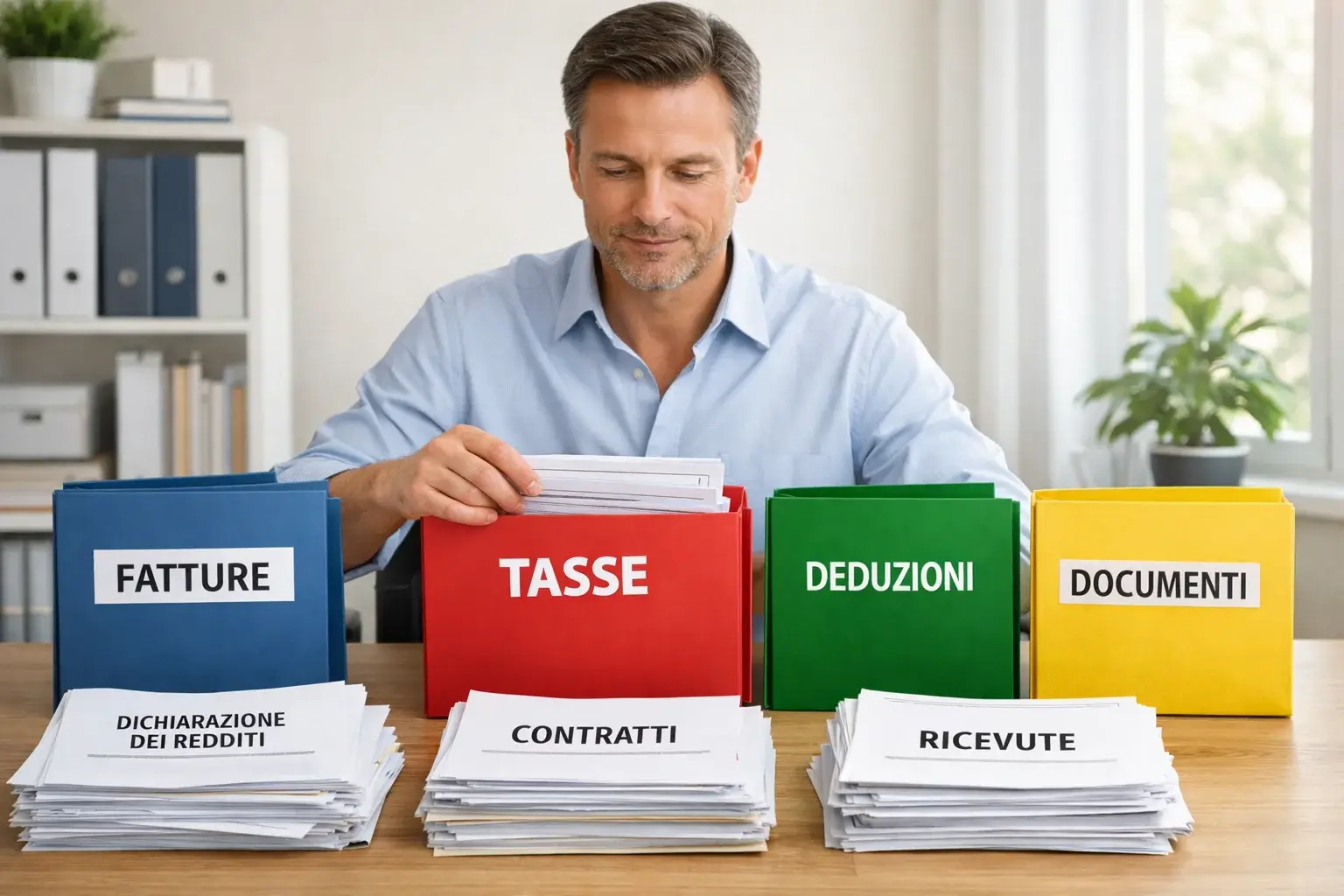 Persona che organizza documenti con espressione serena