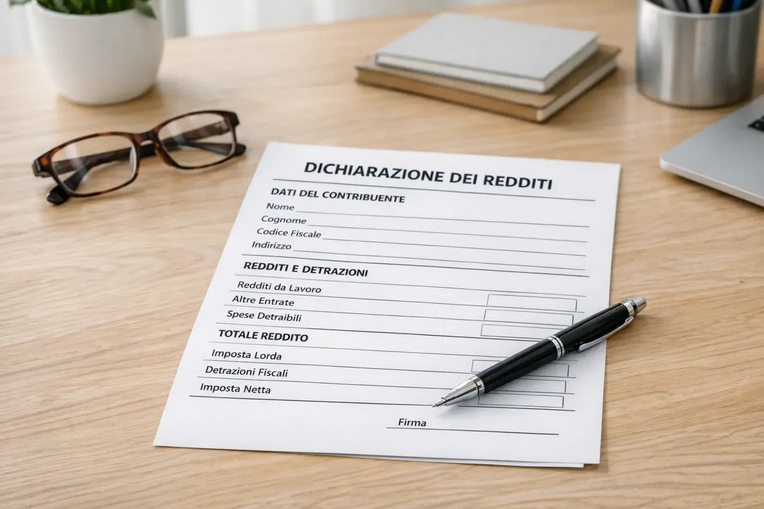 Modulo fiscale con penna su scrivania ordinata