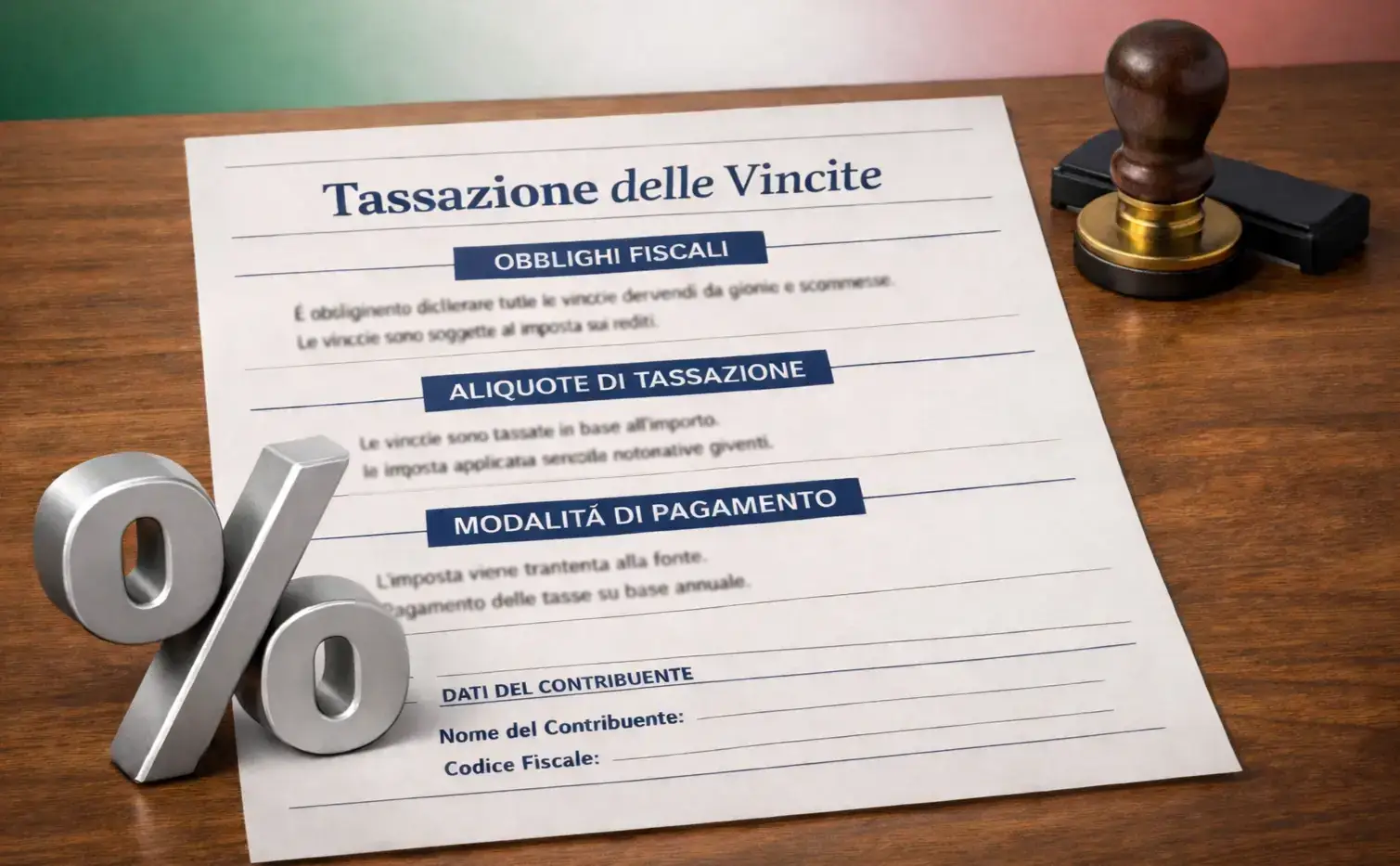 Documenti fiscali con simbolo percentuale e bandiera italiana