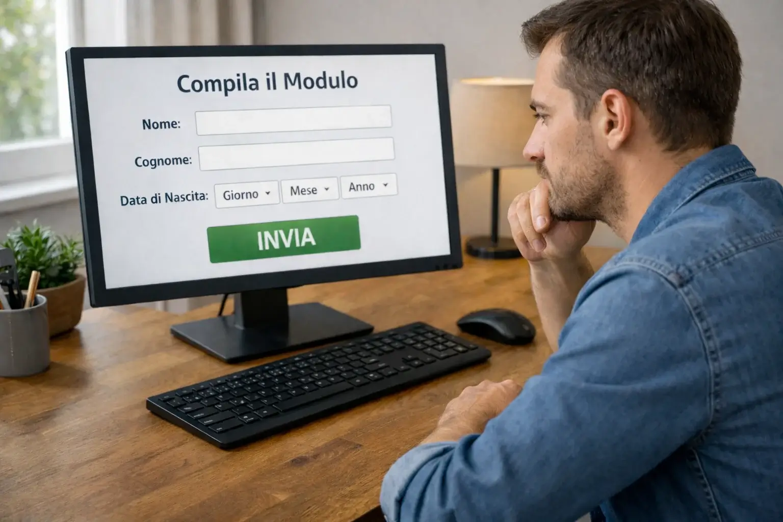 Persona che utilizza computer per accedere a servizio online con documento di identità