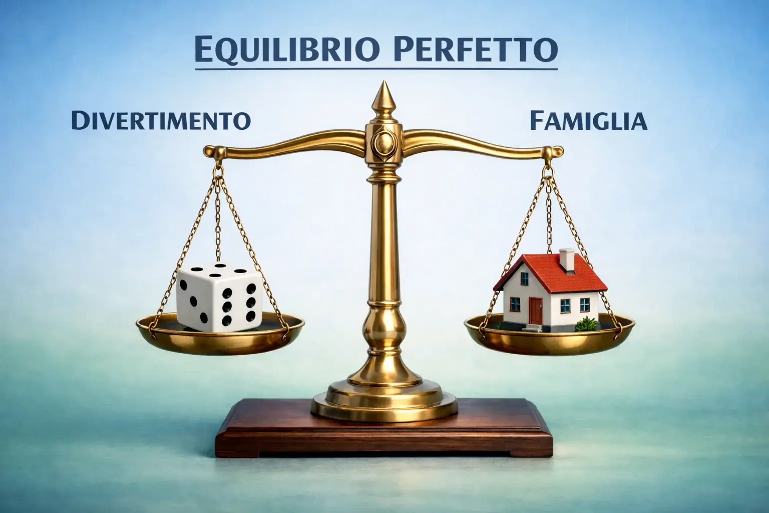 Bilancia simbolica con simbolo del gioco e simbolo della famiglia in equilibrio