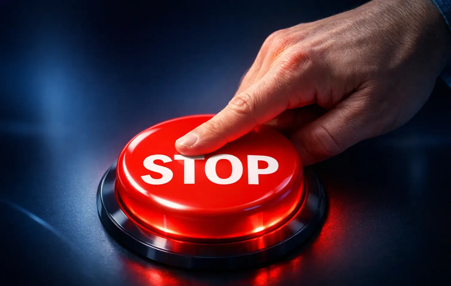 Mano che preme pulsante STOP rosso su sfondo sfocato, simbolo di autoesclusione