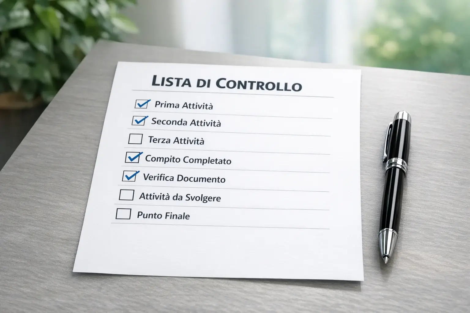 Documento con checklist e penna su scrivania moderna