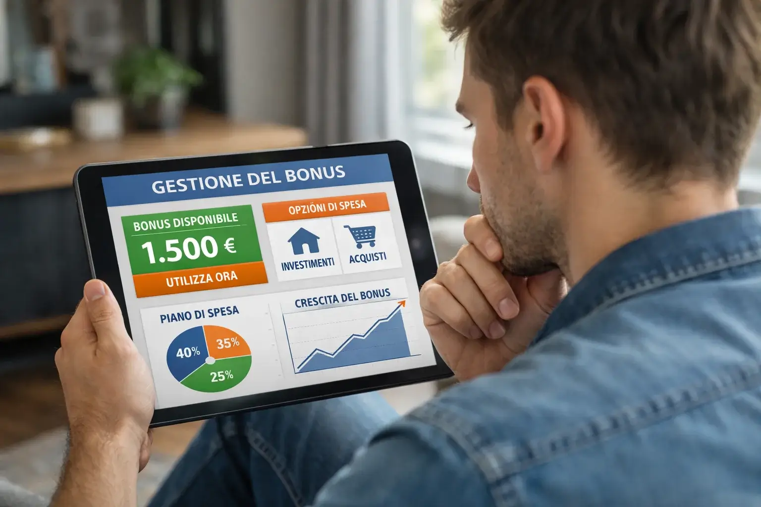 Persona che analizza dati su tablet con espressione pensierosa